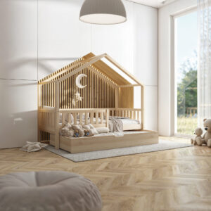 Stylowy pokój dziecięcy Montessori z drewnianym łóżkiem domek i minimalistyczną aranżacją.